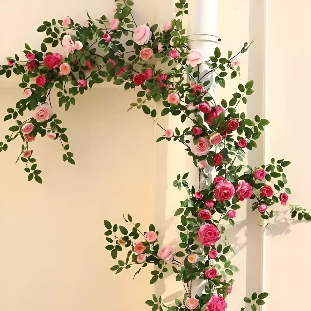 Artificial fake rose flower rattan for air conditioning pipe occlusion balcony decor with wire leaves and coloured lanterns