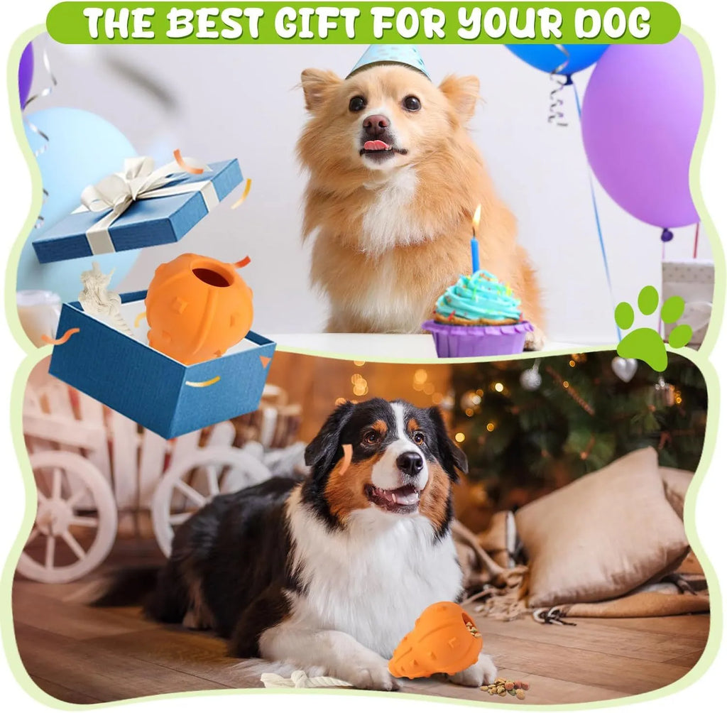 Natural rubber stuffable dog toy for small dogs, shown with a longer strap for fetching and tugging.
