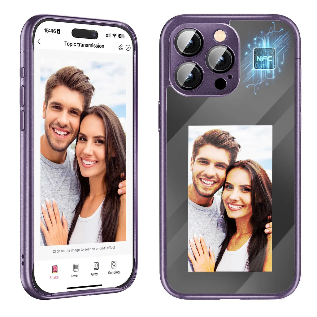 Black iPhone 15 Pro Max flip case with NFC ink screen for custom designs