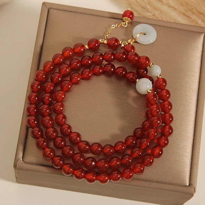 Red agate and crystal multi-layer ethnic bracelet for women with retro styling