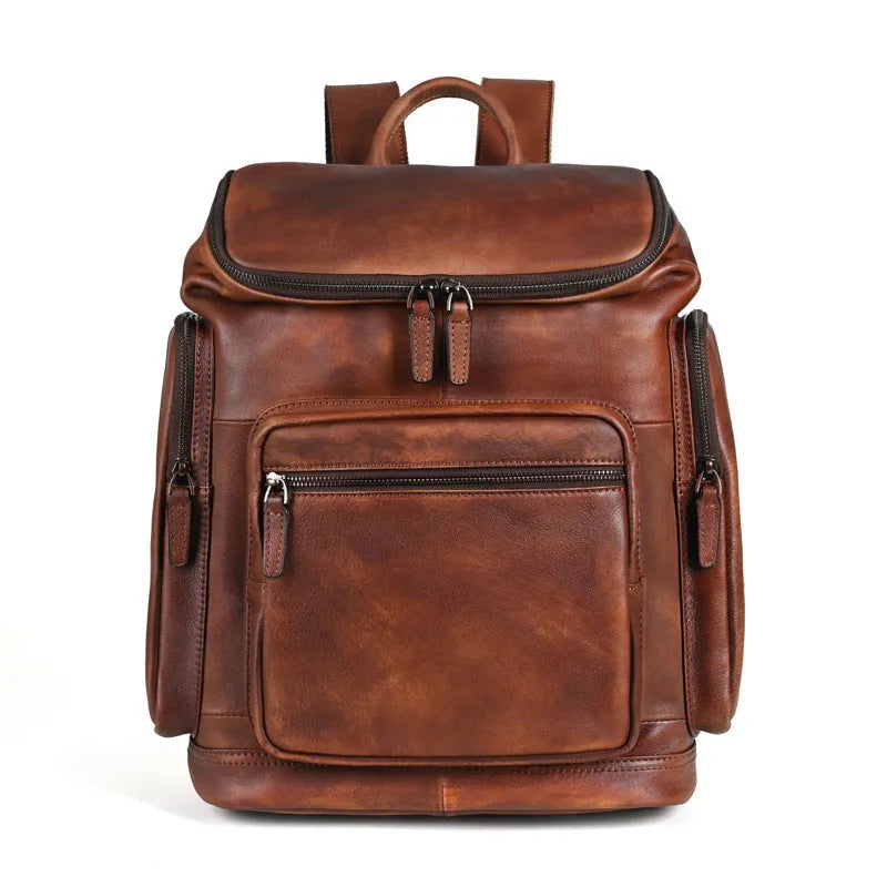 Genuine retro double-layer cowhide backpack for men, 14 inch light brown leather travel backpack with patchwork