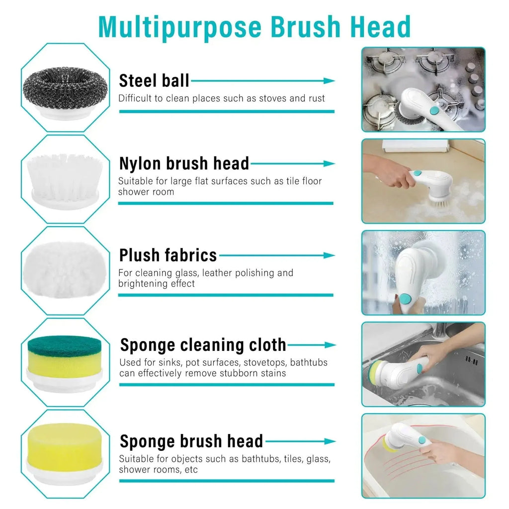 White USB rechargeable cordless electric cleaning brush with five different brush heads on a table.