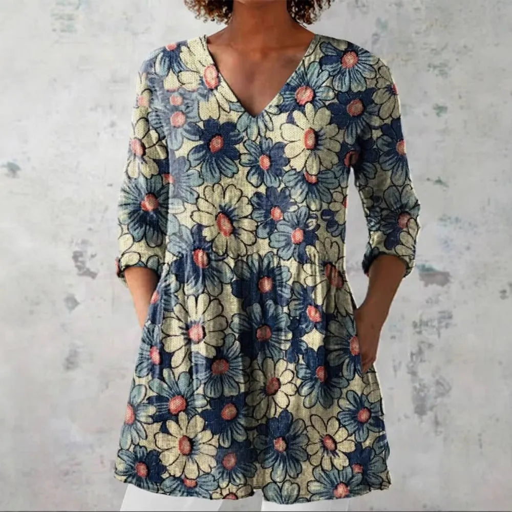 Women's retro slim fit long-sleeved polyester top with digital print, sizes S to 5XL