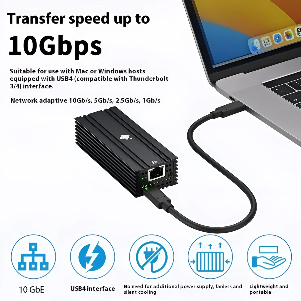 Black Leyu USB4 to RJ45 10 Gigabit Ethernet network adapter on a desk.