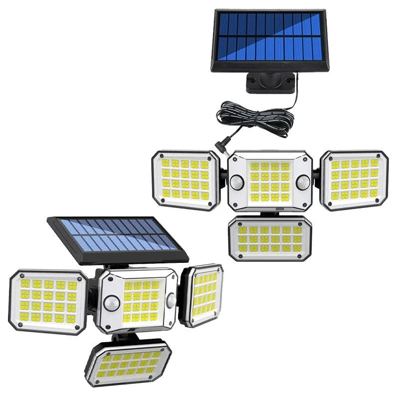Solar-powered garden lamp with motion sensor mounted on a wall, illuminating an outdoor path.