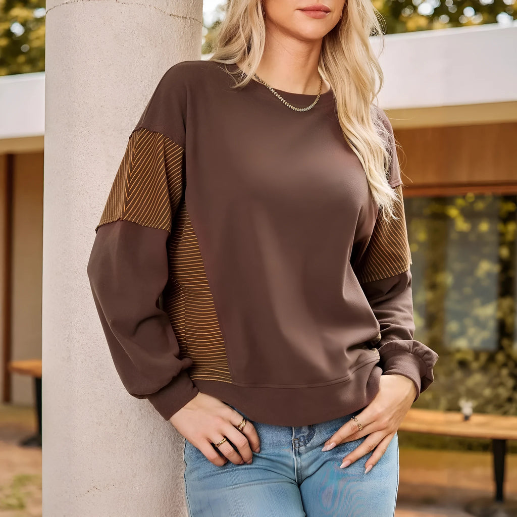 Striped color-blocked round neck long-sleeved polyester pullover sweatshirt in gray