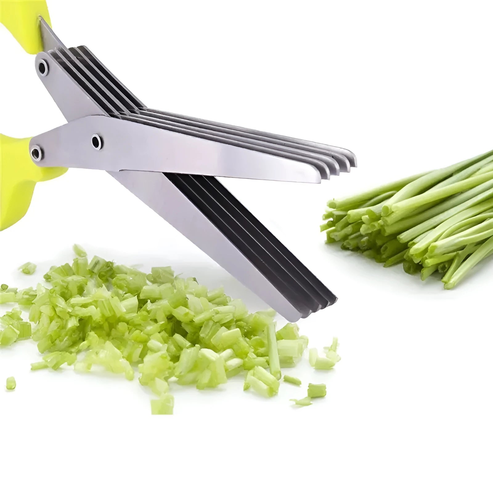 Stainless steel multi-layer kitchen scissors for cutting green onions and herbs on a chopping board.