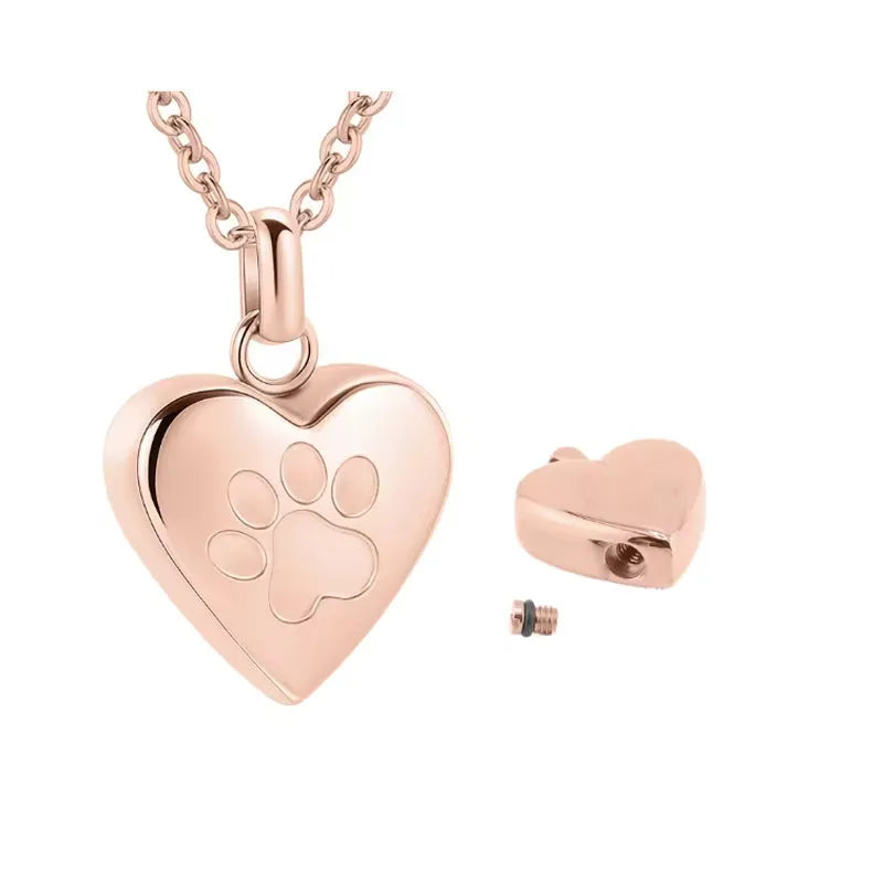 Simple titanium steel heart pendant necklace with paw print detail, a cinerary casket that opens.