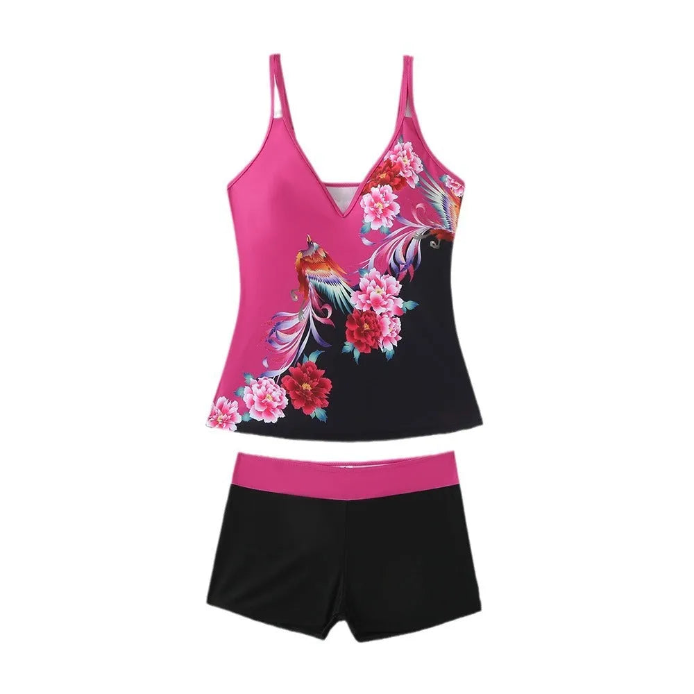 Plus size women's printed two-piece swimsuit in black or rose red with brief bottoms.
