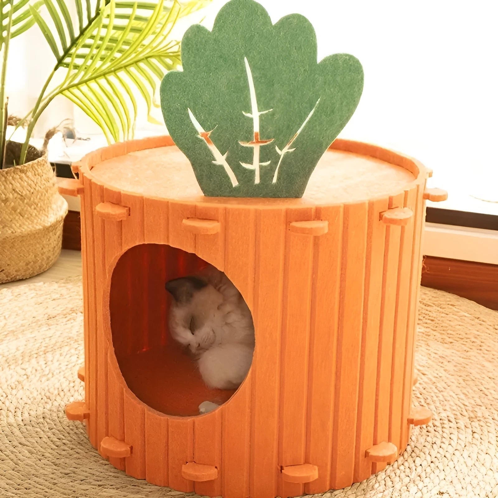Carrot-shaped grey felt cat tunnel nest with a semi-enclosed opening, shown in two size options.
