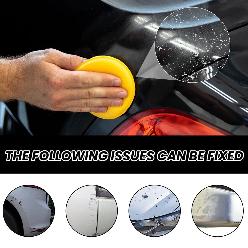 Car scratch wax 120ml bottle with included application sponge and buffing towel for paint protection.