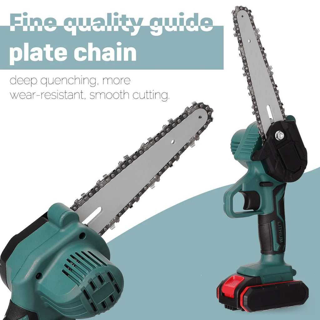 Black one-handed mini electric chainsaw with a 4 inch guide bar on a wooden log.