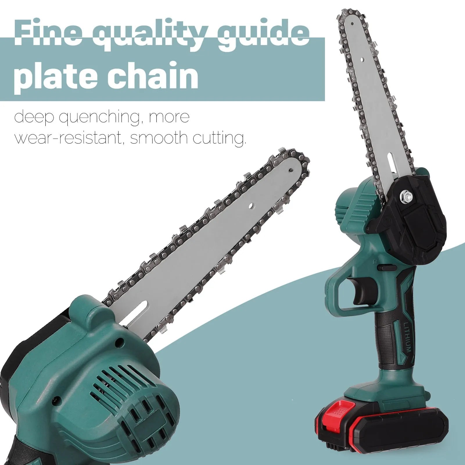 Black one-handed mini electric chainsaw with a 4 inch guide bar on a wooden log.