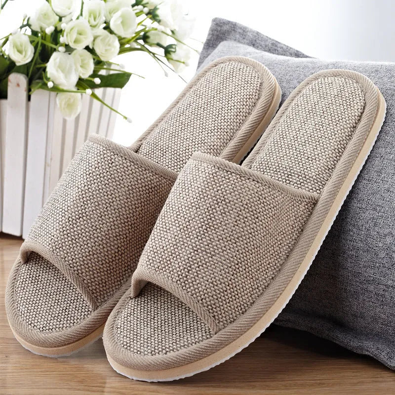 Couples indoor slippers solid colour anti-slip EVA sole open toe cloth cover beige