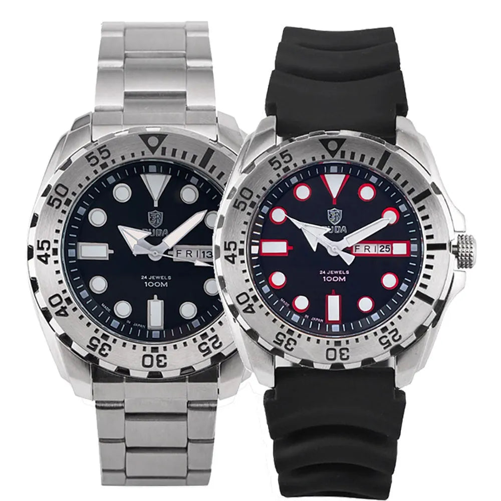 Men's waterproof watch with luminous dial and quartz movement on a steel or silicone strap.