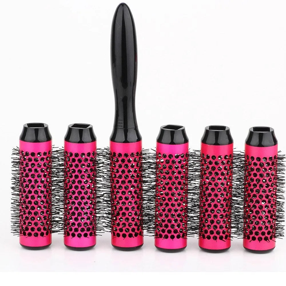Set of six ceramic hair styling brushes in assorted colours with detachable handle and PVC carry bag