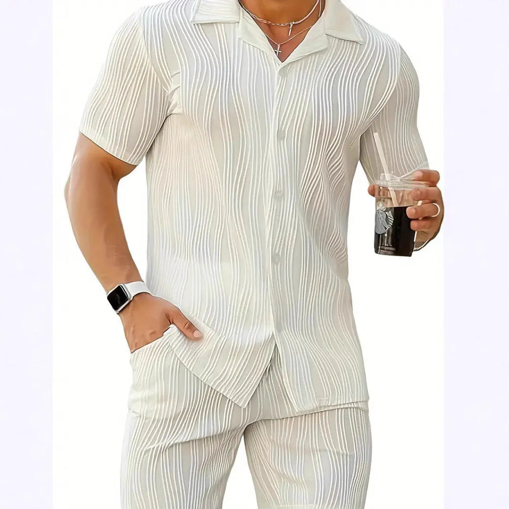 Men's black wave pattern shorts suit with short sleeve top and matching casual shorts