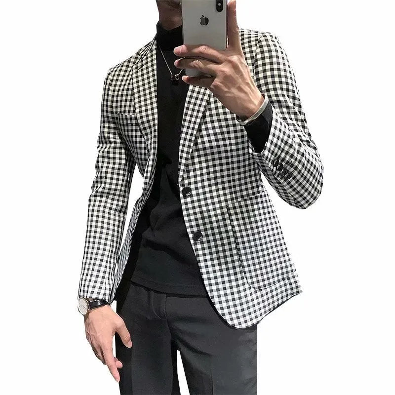 Black and white plaid casual slim-fit jacket for youth, cotton blend, regular length, sizes M to 2XL