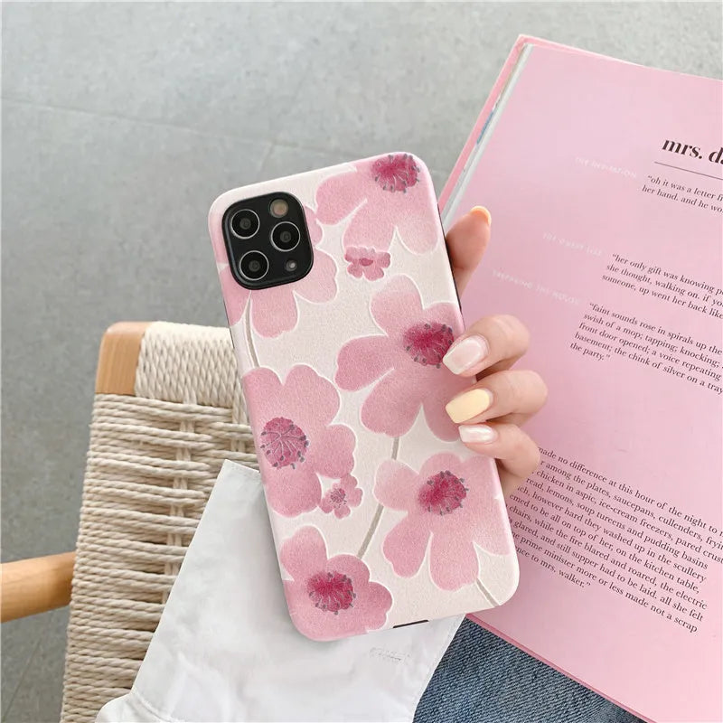 Pink floral soft rubber phone case with lanyard hole for Apple iPhone