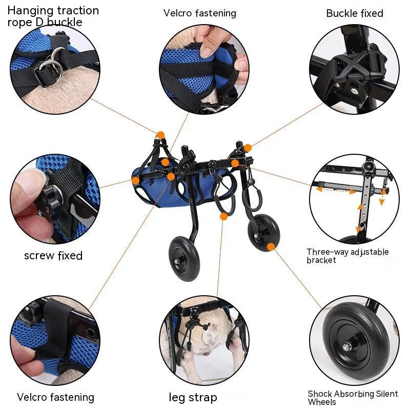 Blue pet dog wheelchair scooter with aluminium alloy frame on grass
