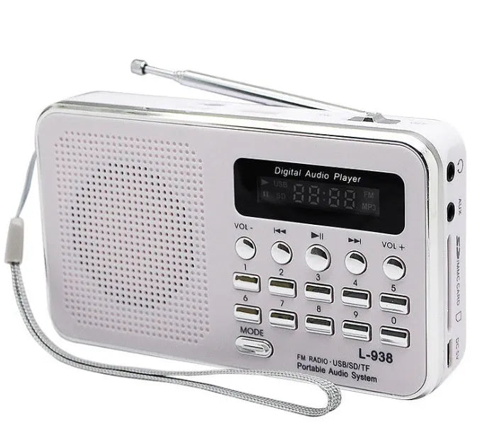 L-938 plugin speaker in white with button controls for MP3 and gospel playback