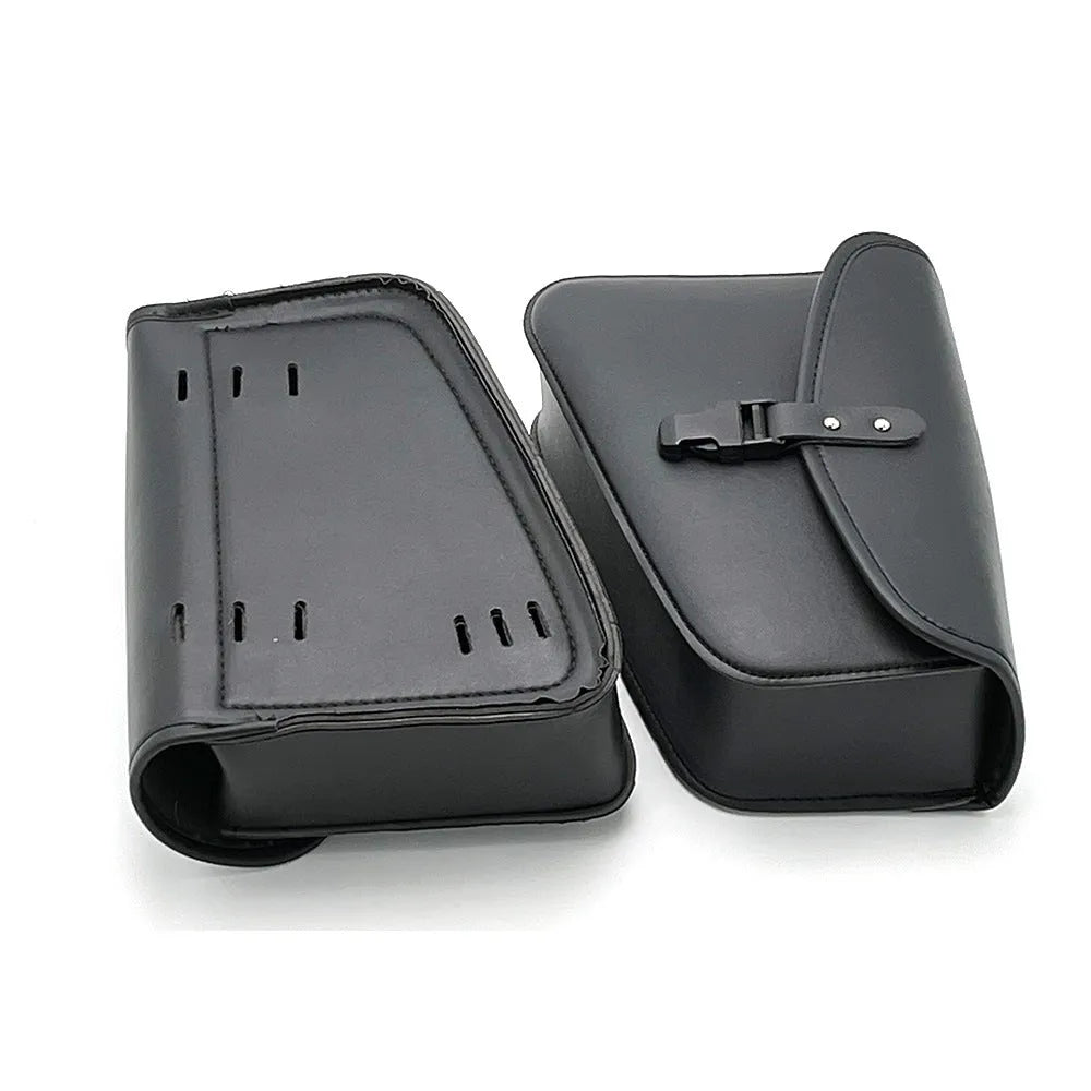 Black PU leather motorcycle swingarm bag mounted on bike showing dimensions and storage capacity