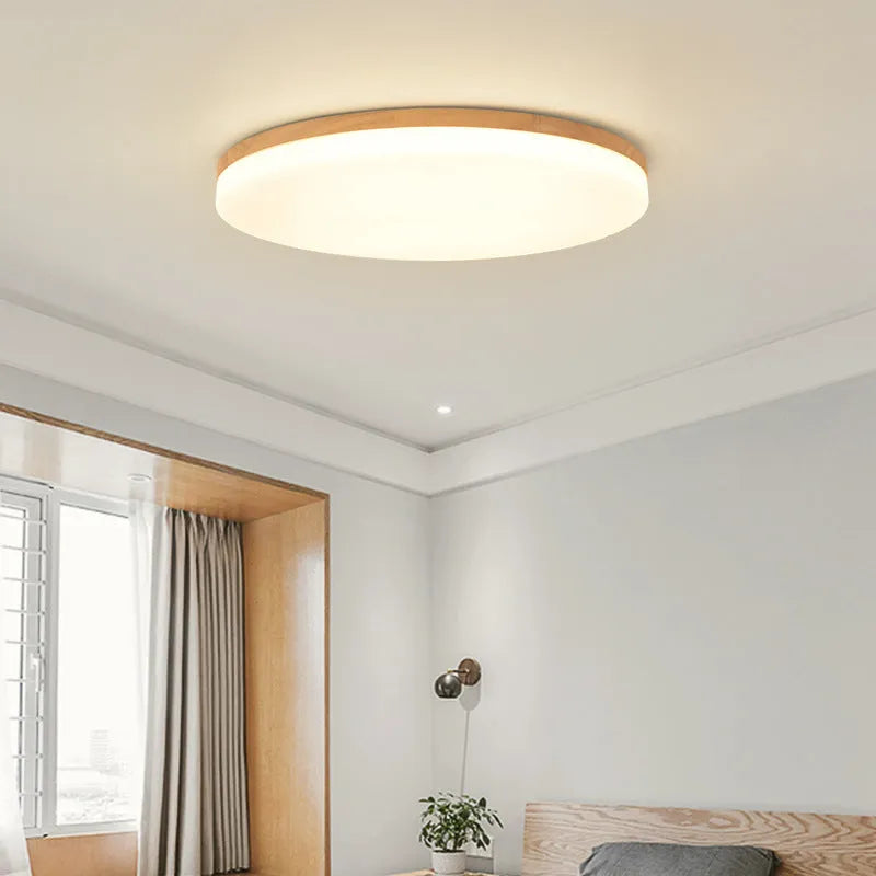 Japanese minimalist ceiling lamp with wood art body and acrylic shade in three size options