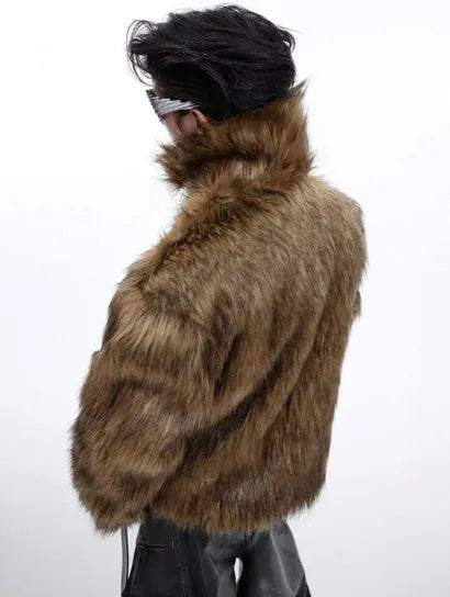 Men's long faux fur coat in raccoon fur colour with fur collar and regular sleeves