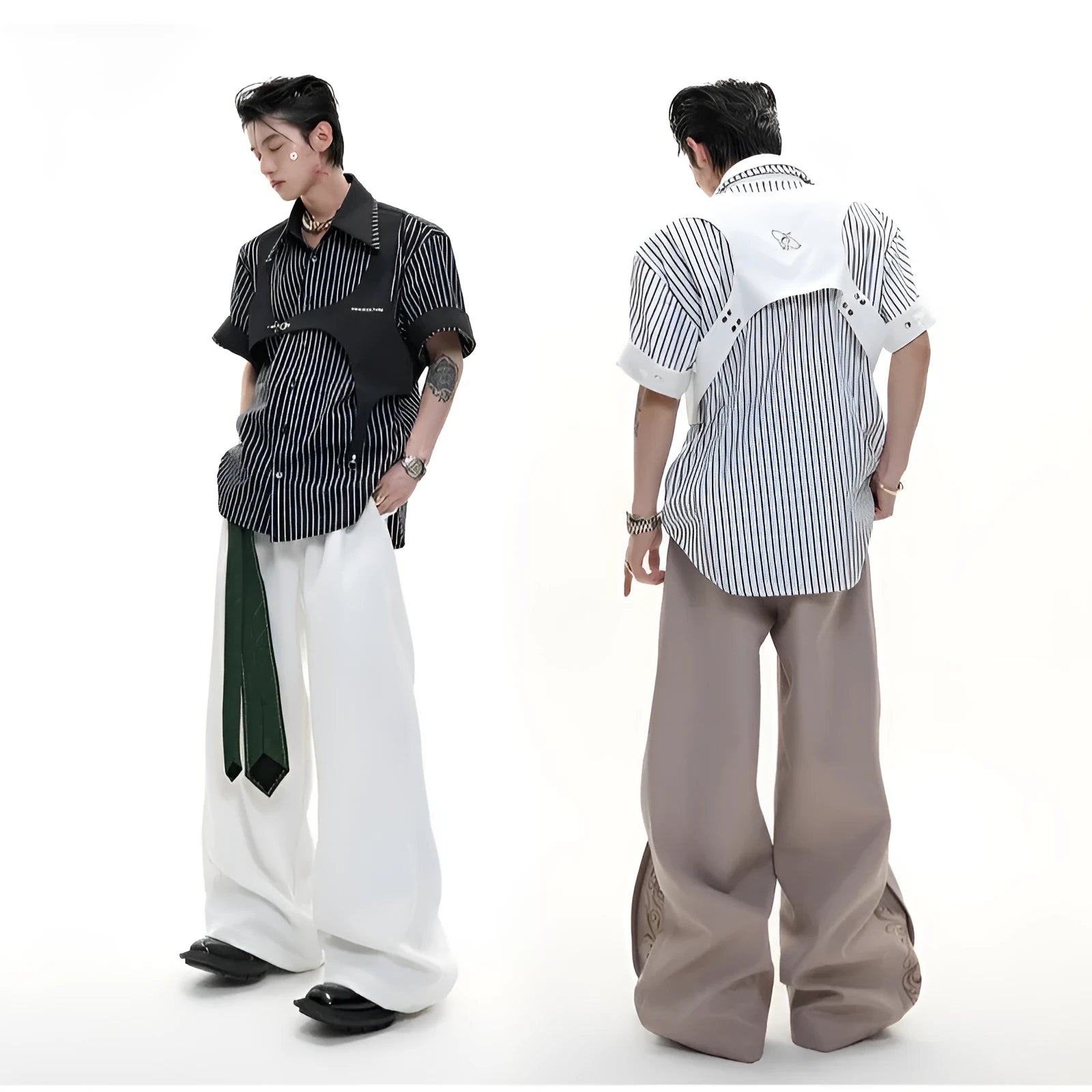 Men's double collar striped cotton shirt in loose fit with short sleeves