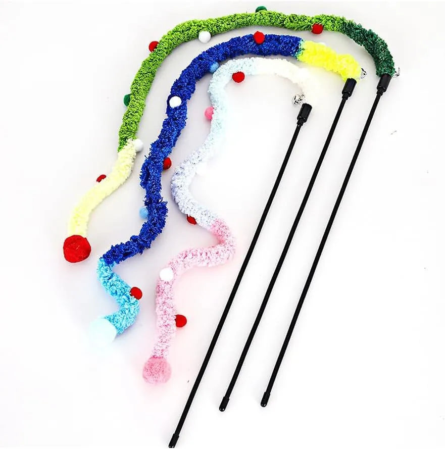 Blue cat wand toy with plush strip and bell measuring 41cm pole with 60cm extension