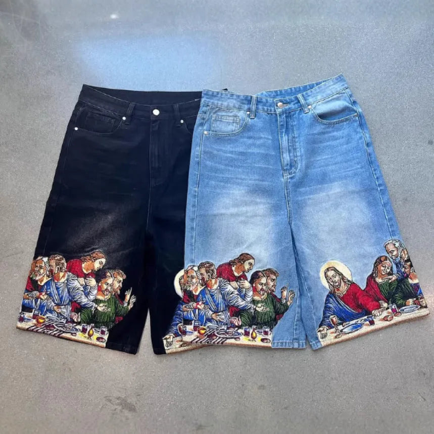 Men's blue cotton shorts with Jesus print on back pocket showing tapered fit design