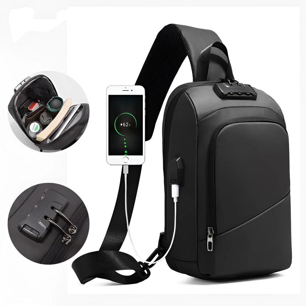 Black anti-theft chest bag with lockable zipper and USB charging port, made from Polyamide fibre, worn as a crossbody bag