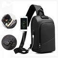 Black anti-theft chest bag with lockable zipper and USB charging port, made from Polyamide fibre, worn as a crossbody bag