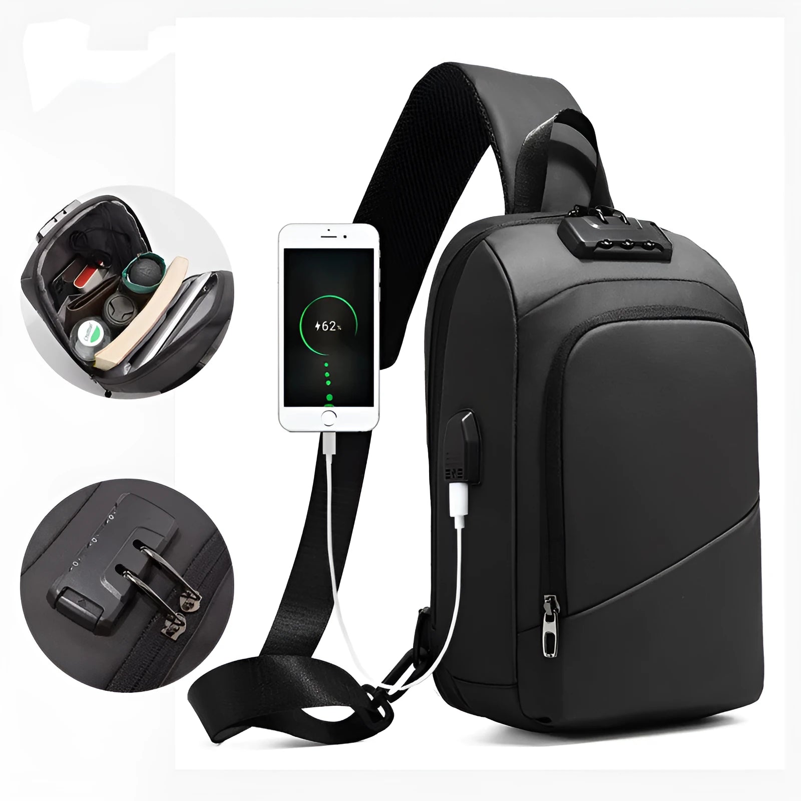 Black anti-theft chest bag with lockable zipper and USB charging port, made from Polyamide fibre, worn as a crossbody bag