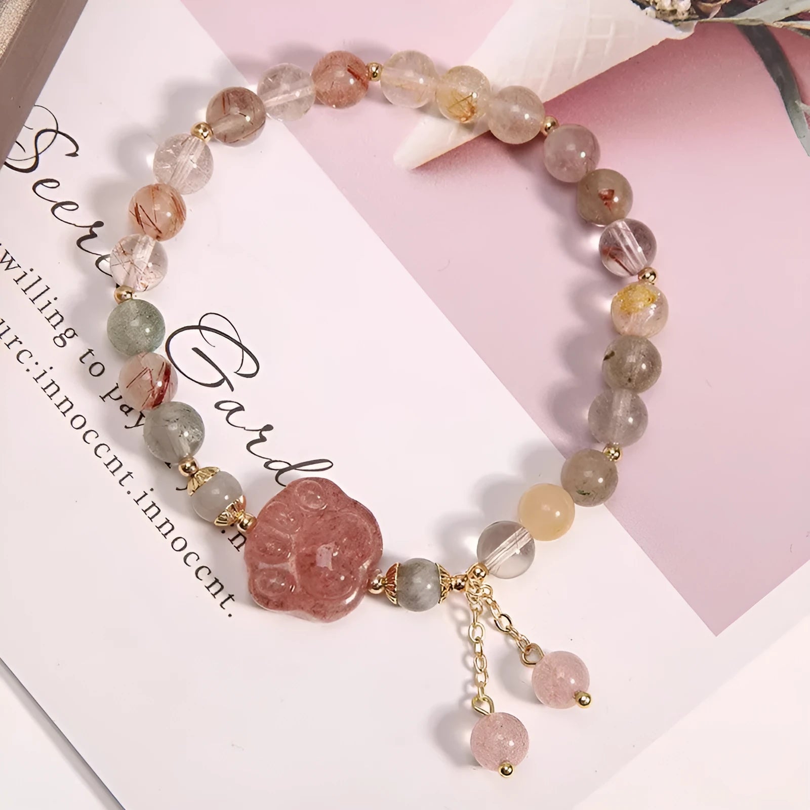 Coloured hair crystal bracelet with cat's paw and butterfly charms in Korean unisex style