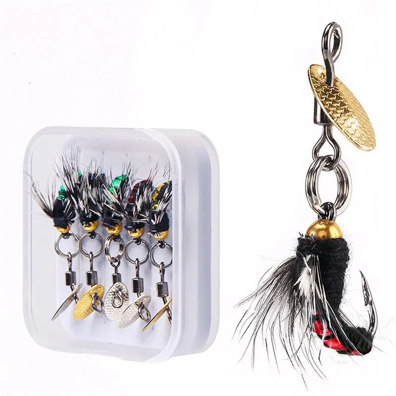Five multicolour fishing hooks with poisonous mosquito and fly patterns and spinning sequins