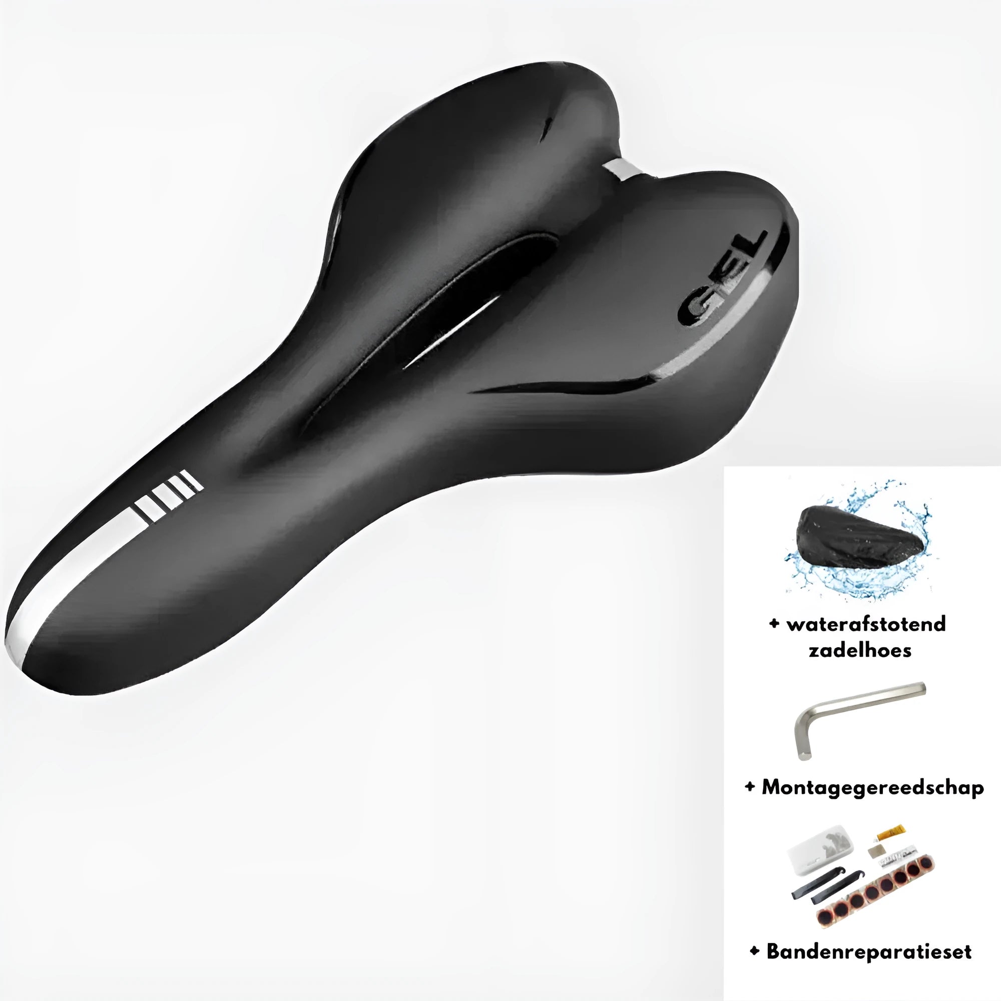 Black bicycle saddle with silicone padding and two visible steel springs underneath, shown with a waterproof cover and tools.