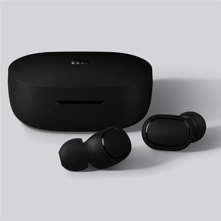 Black Redmi AirDots 2 true wireless earphones with charging case and three sizes of silicone ear tips.