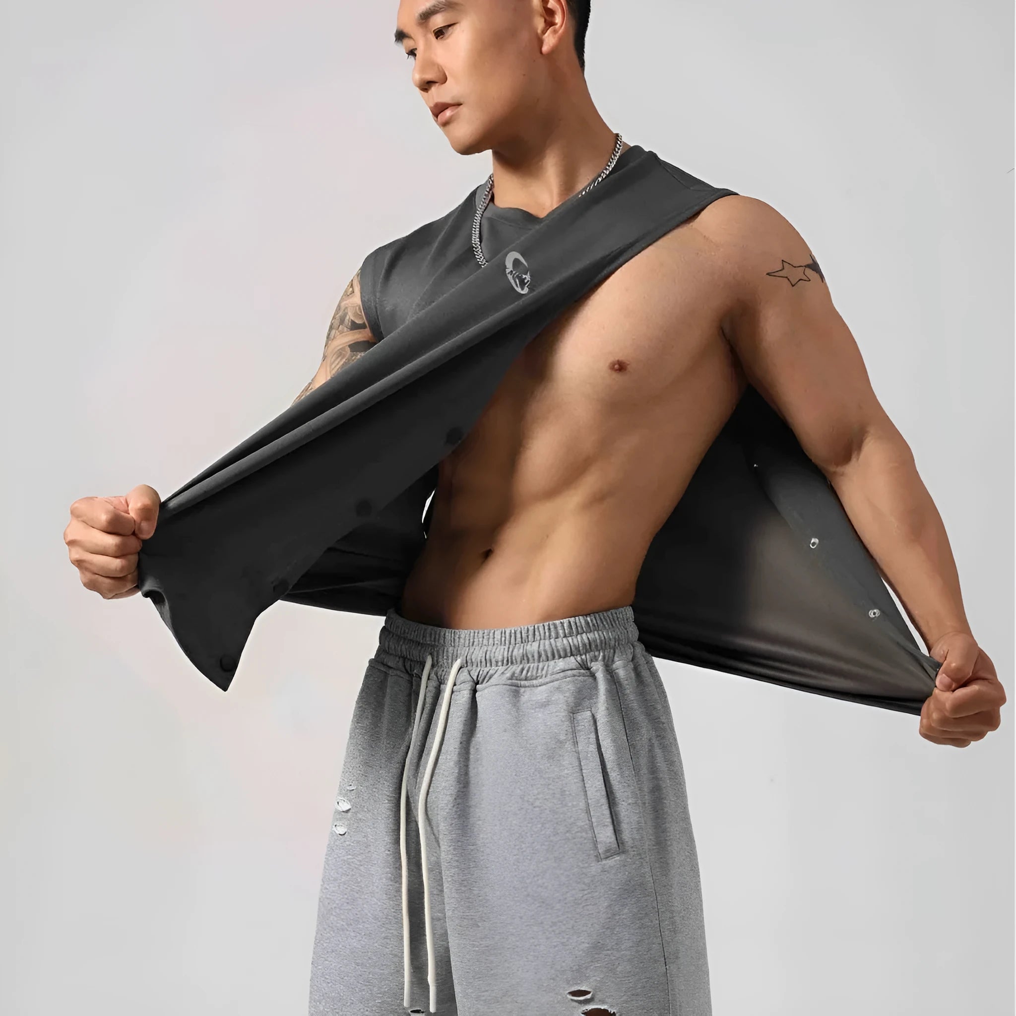 Men's Korean style cotton fitness vest with sides opening and hidden hook design