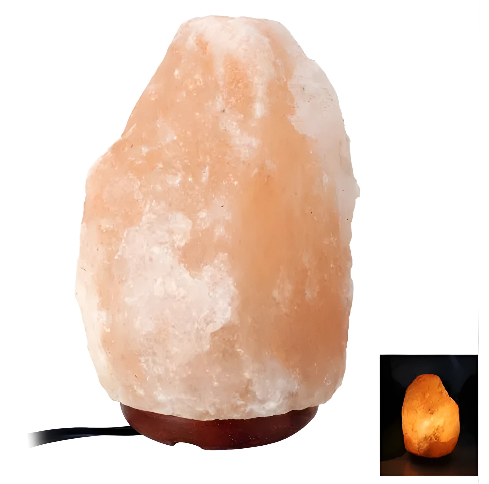 Natural rock salt crystal lamp with warm glow on bedside table, compact 10-11cm diameter