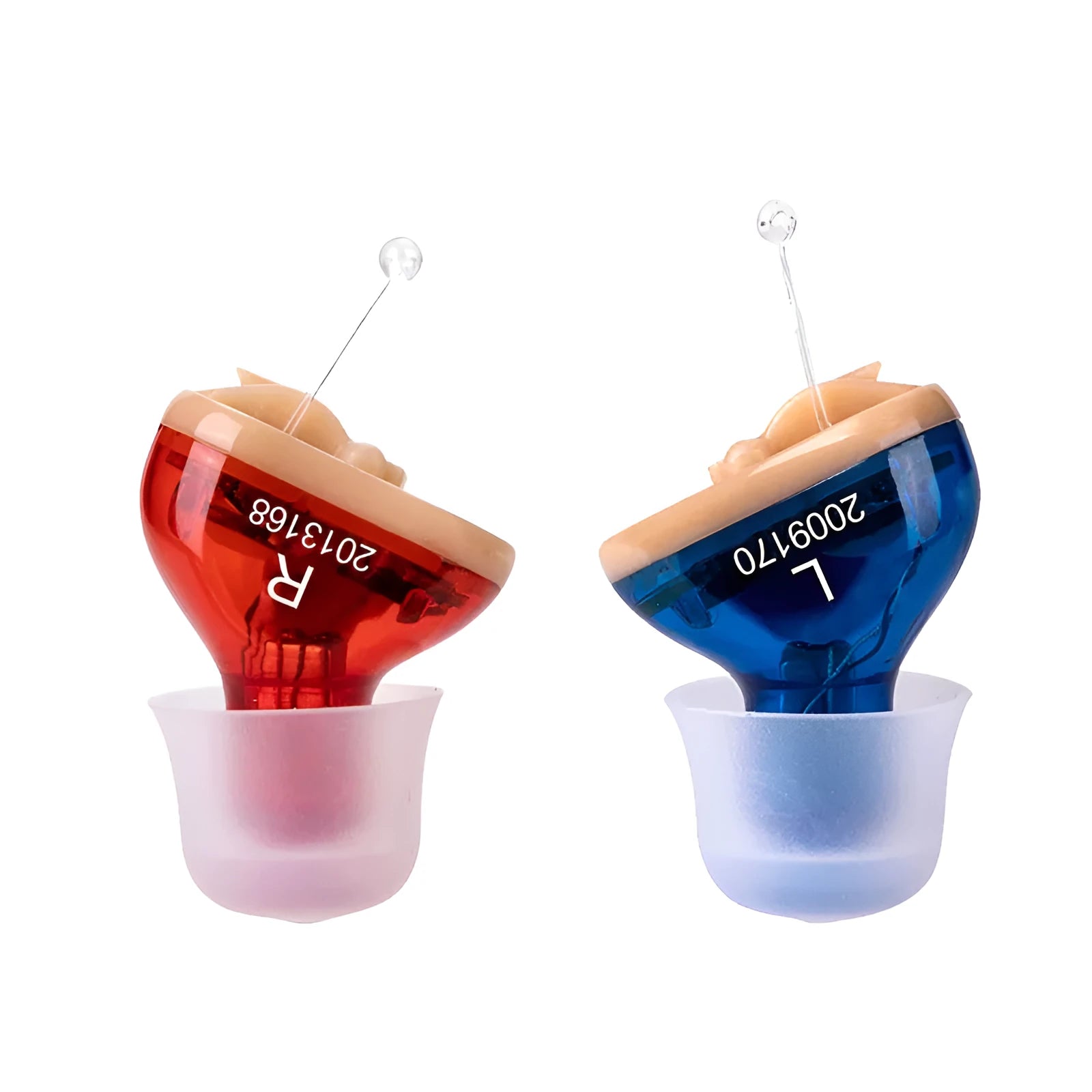 Q10 mini CIC hearing aid in red or blue colour with ear tips and accessories