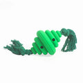 Green and yellow spiral dog ball with attached rope for tug-of-war and treat dispensing