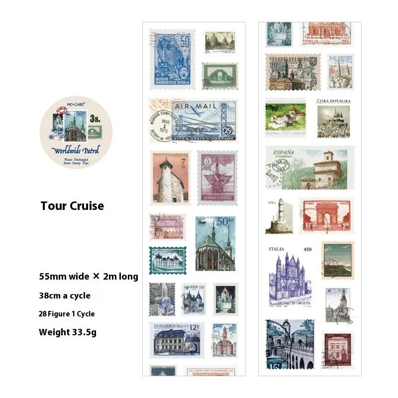 A roll of retro-design coated paper adhesive stamps, 55mm wide and 2 metres long.