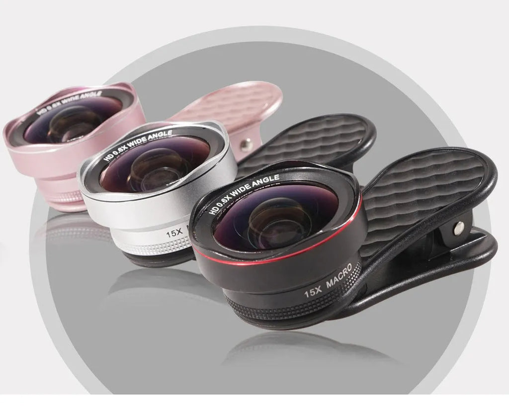 Mobile phone lens kit with 0.6X wide-angle and 15X macro lenses, clip, and storage box