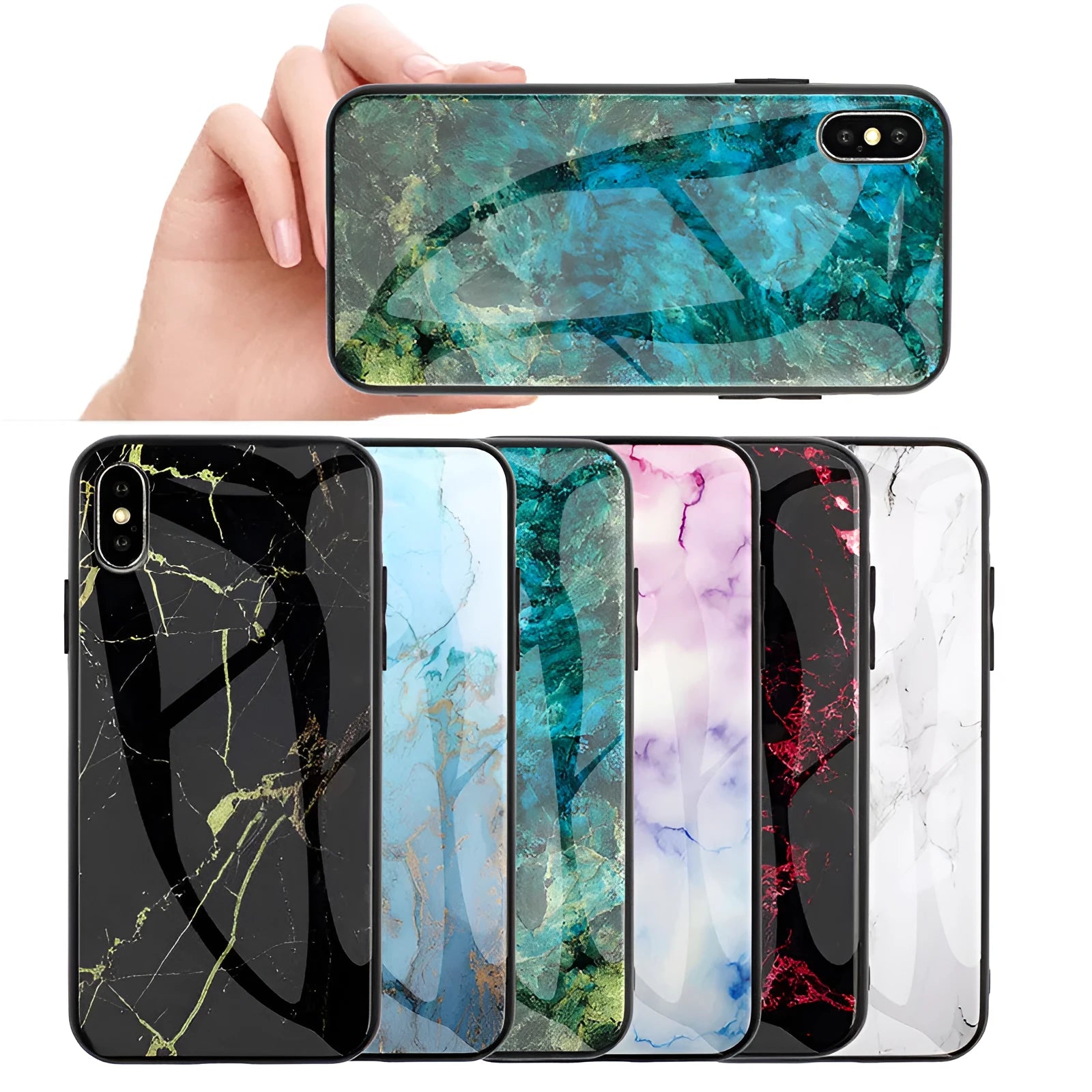 Huawei marbled glass phone case in multiple colours showing toughened glass TPU construction