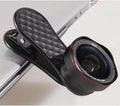 Mobile phone lens kit with 0.6X wide-angle and 15X macro lenses, clip, and storage box