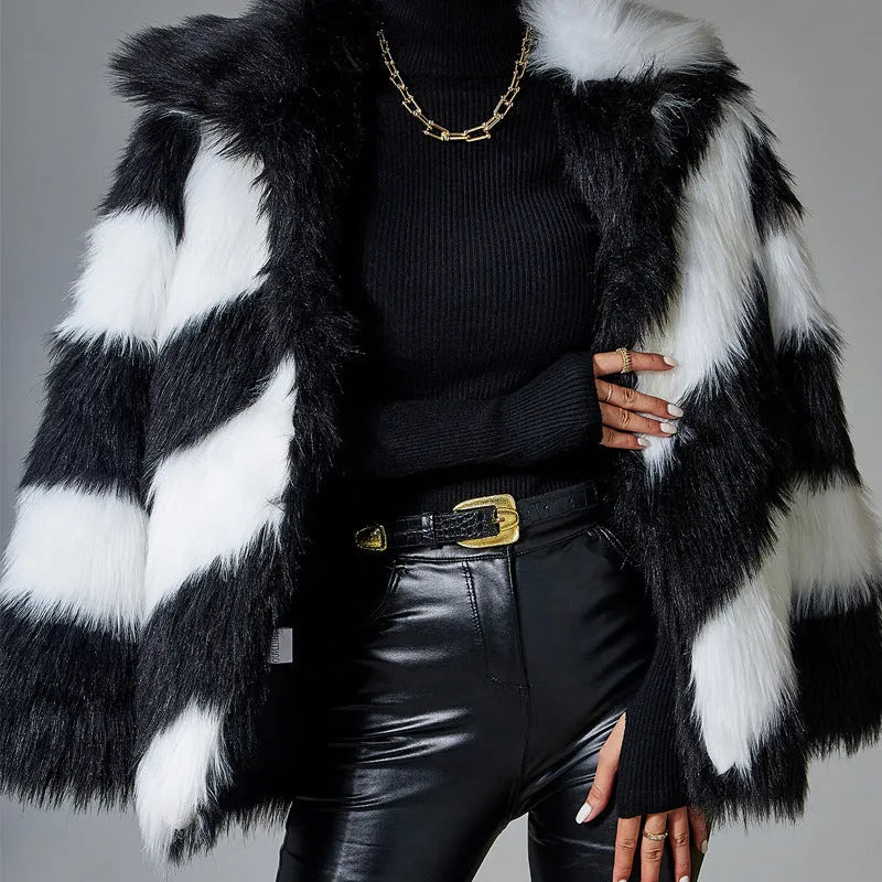 Women's faux fur coat with contrast lapel and fur collar in picture colour.