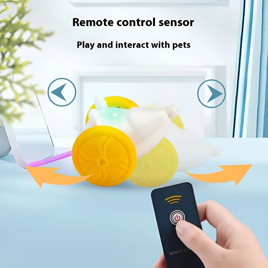 Electric interactive cat toy showing blue technology mouse design with remote control and USB charging cable