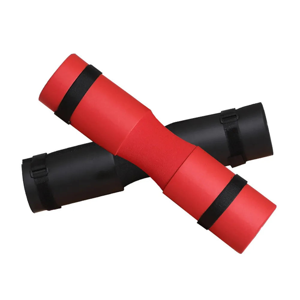 Red foam barbell pad cover for squats, 45cm length, with straps, on a barbell