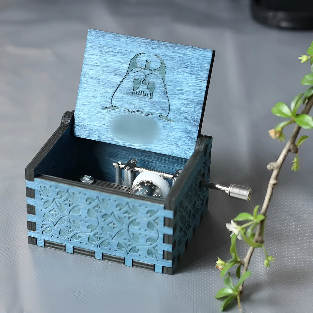 Handmade pine wooden music box, 6.4 x 5.2 x 4.2 cm, carved themed home decoration with inkjet pattern